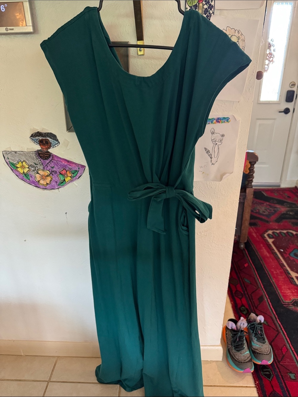 Pact Deep Teal Tie-Waist Cap Sleeve Jumpsuit